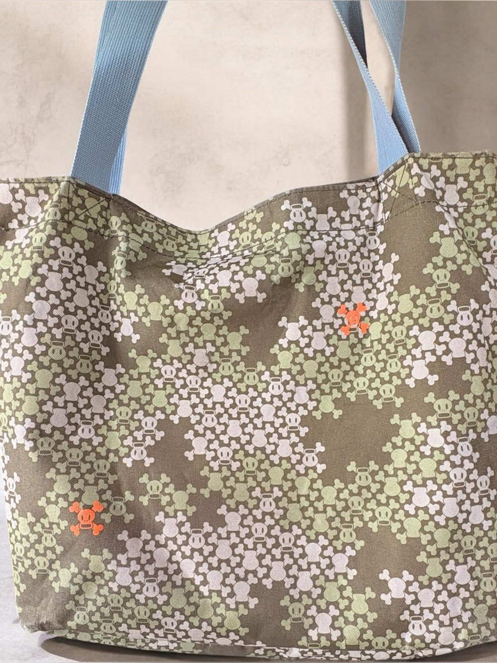 Vintage Paul Frank Olive Green Patterned Tote with Light Green and Cream Accents